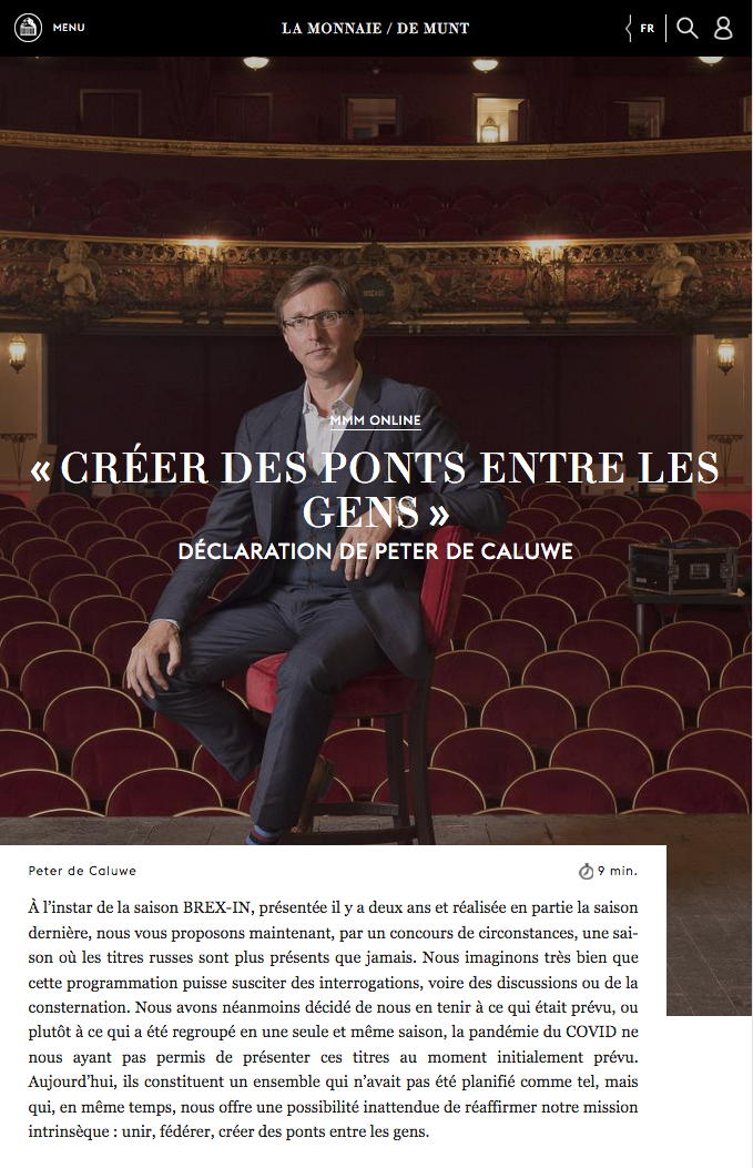 Page Internet. La Monnaie - De Munt. Créer des ponts entre les gens. Déclaration de Peter de Caluwe. 2022-05-23